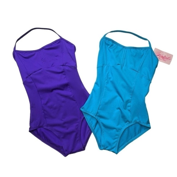 Natalie Dance Wear 2 Halter Leotards Small Purple Blue + Capezio Tights New NWT - Picture 2 of 10